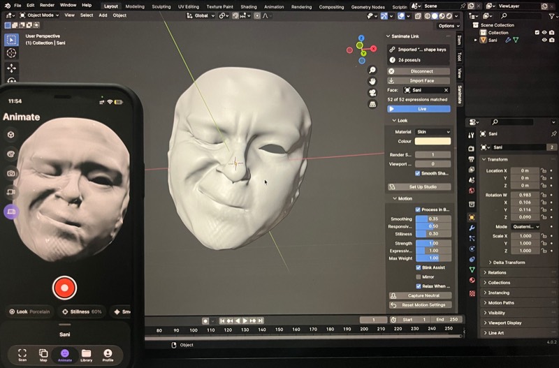Blender with the Sanimate Link panel, mirroring the expression on the iPhone beside it